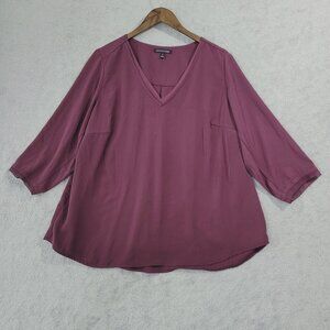41 Hawthorn Womens V-Neck Blouse 2X Plum 3/4 Sleeve Chiffon